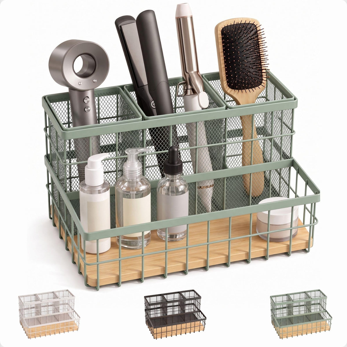 Hair Tool Organizer Countertop, Breathable Metal & Bamboo, Heat-Resistant