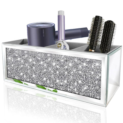 Mirror Hair Dryer Holder. Crystal Crush Diamond Hair Tool Organizer Wall Mount. Silver Bathroom Cabinet Tray for Blow Dryers, Hairdryer Straightener, Brushes and Combs.(10.5”x4”x5”)