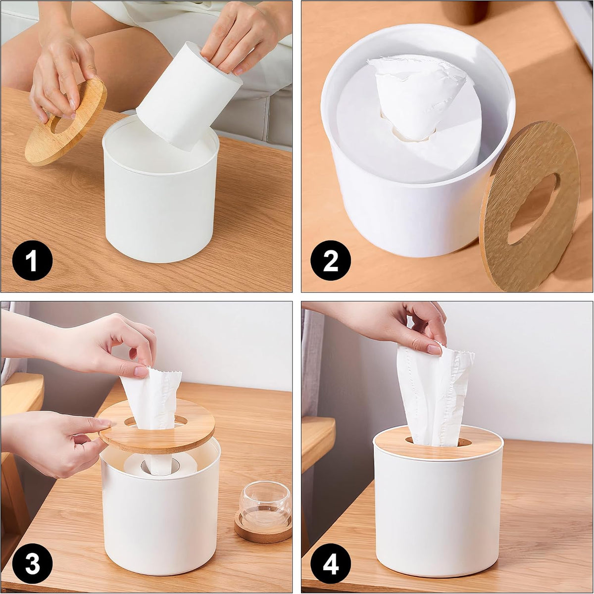 Bamboo Lid Round Tissue Holder Box 5x5'' – Decorative Toilet Paper Roll Dispenser & Dryer Sheet Case – Space-Saving Wood Organizer for Bathroom - for Paper Rolls Under 5 inches only