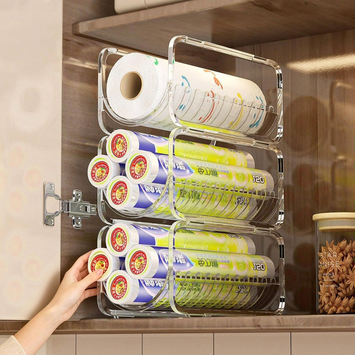 2 Pack Stackable Plastic Wrap, Tinfoil Storage Organizers, Cabinet Tiered Shelves, Hair Dryer Curling Iron Storage Racks, Multipurpose Storage Organizers