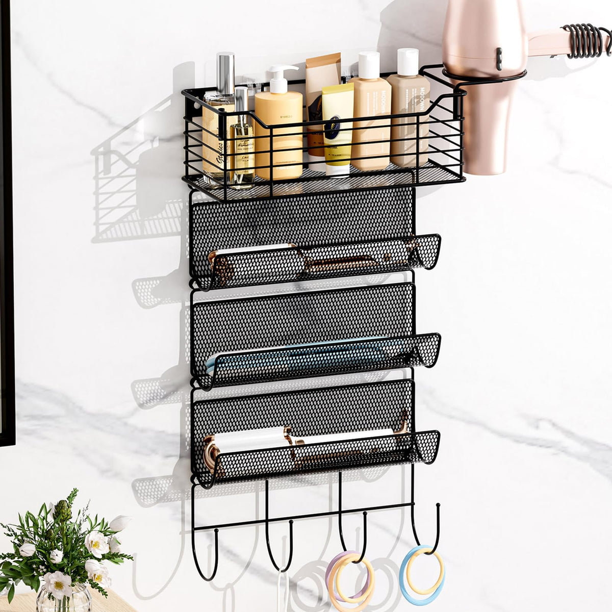 3 Tier Hair Tool Organizer Wall Mount, curling iron holder Basket, Black