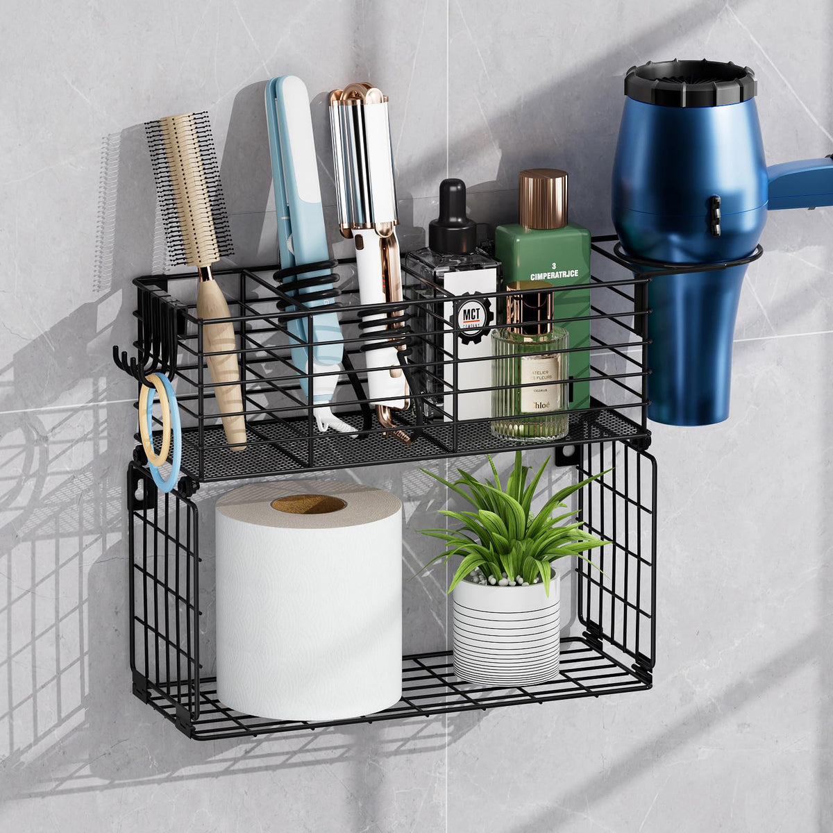 3 Tier Hair Tool Organizer Wall Mount, curling iron holder Basket, Black