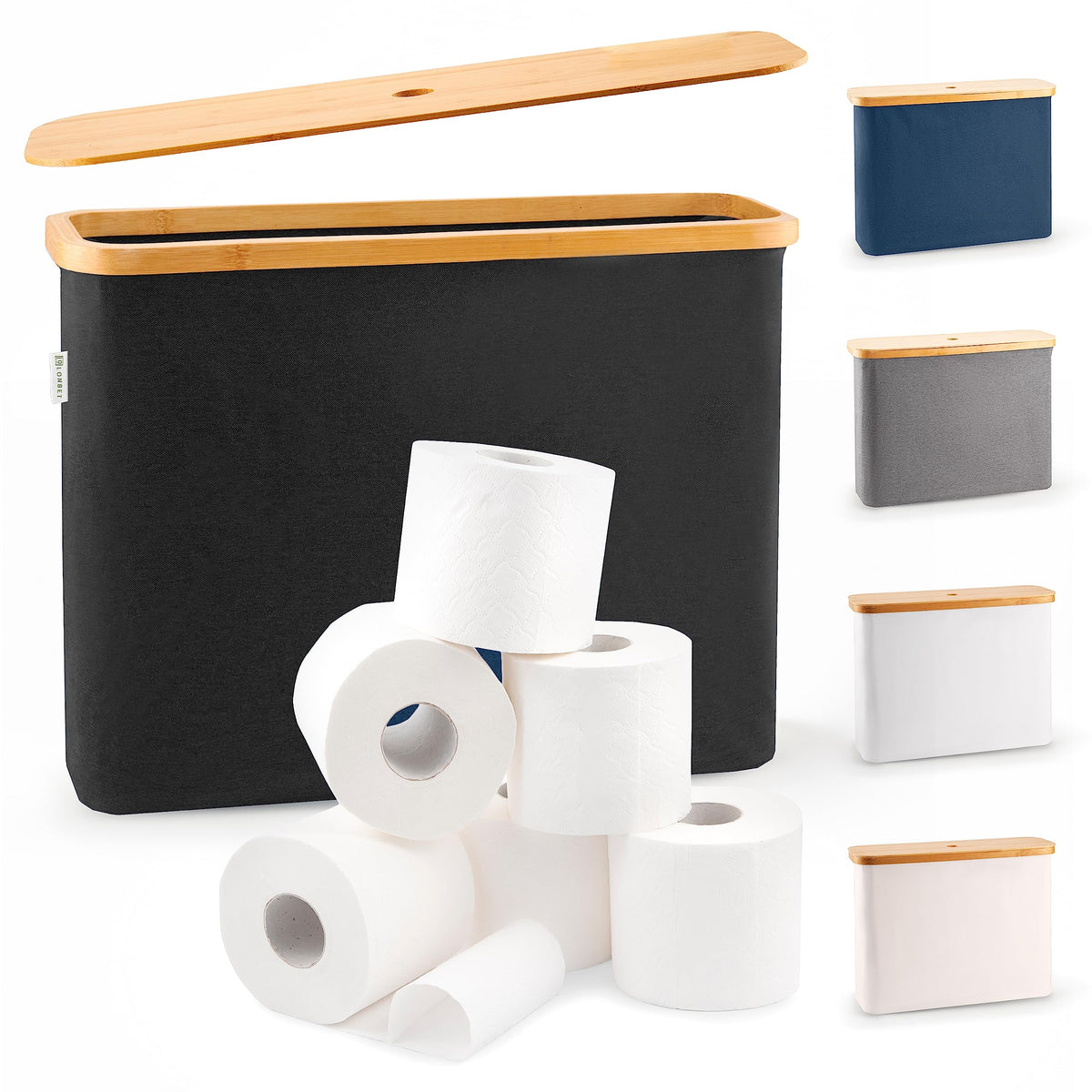 LONBET Toilet Paper Storage for 12 Rolls, Stackable & Foldable - The Ultimate Bathroom Organizer - Waterproof Basket with Bamboo Lid - Elegant Toilet Paper Storage Holder, Light Gray