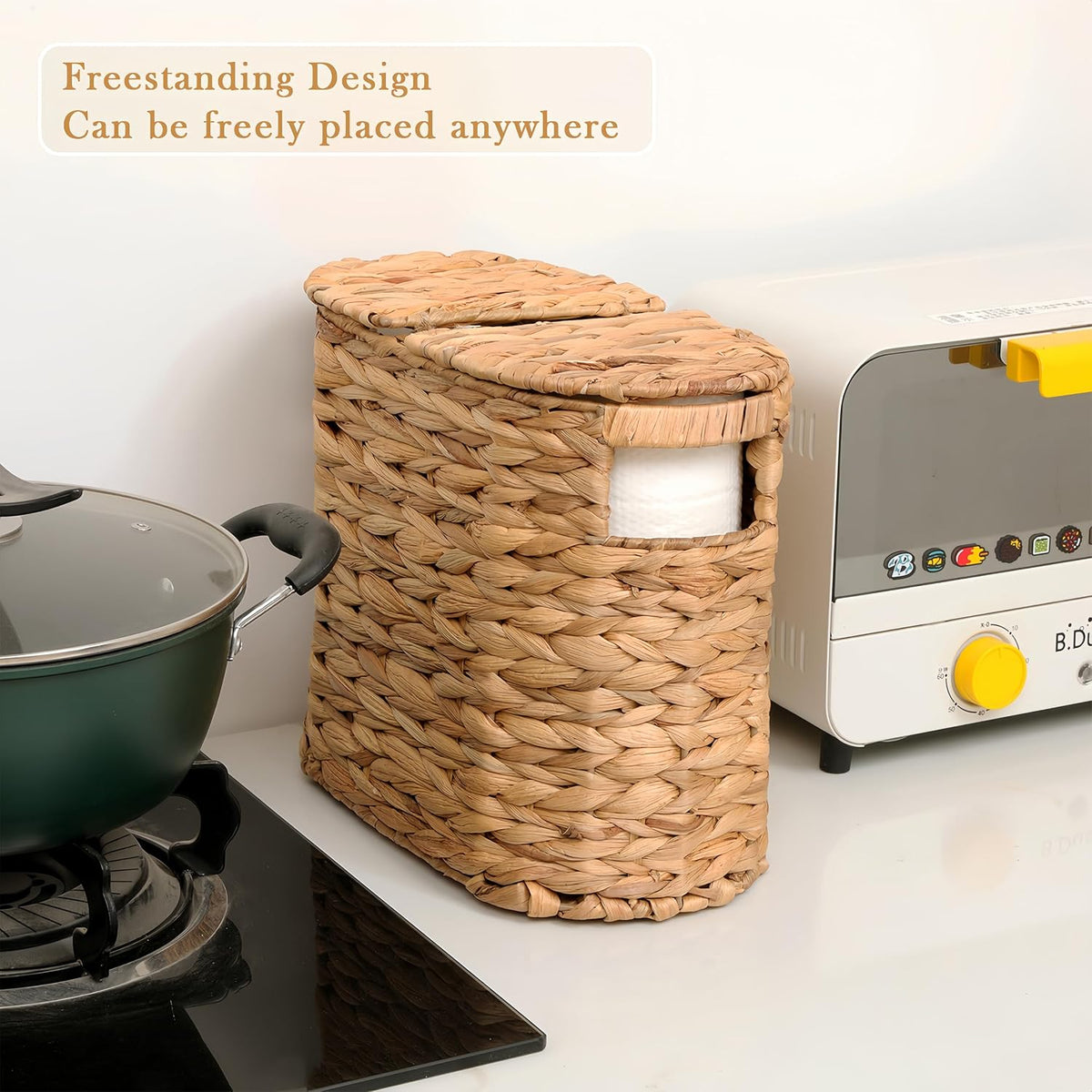 Wicker Toilet Paper Storage Basket with Lid for 4 Rolls,Natural
