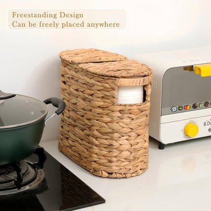 Wicker Toilet Paper Storage Basket with Lid for 4 Rolls,Natural