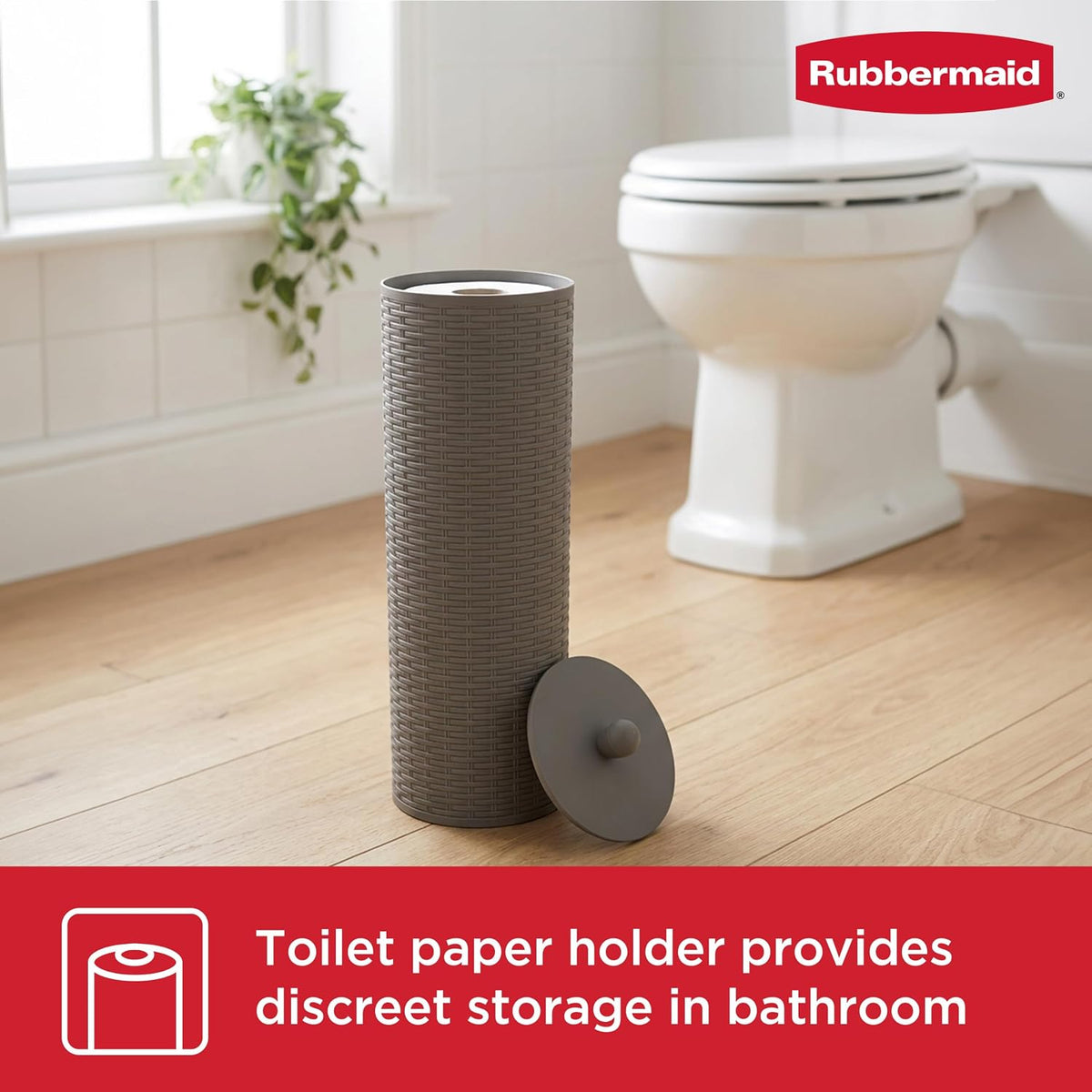 Rubbermaid Toilet Paper Holder Stand with Lid, Holds 4 Regular or Mega-Sized Rolls, Freestanding, Charcoal Gray