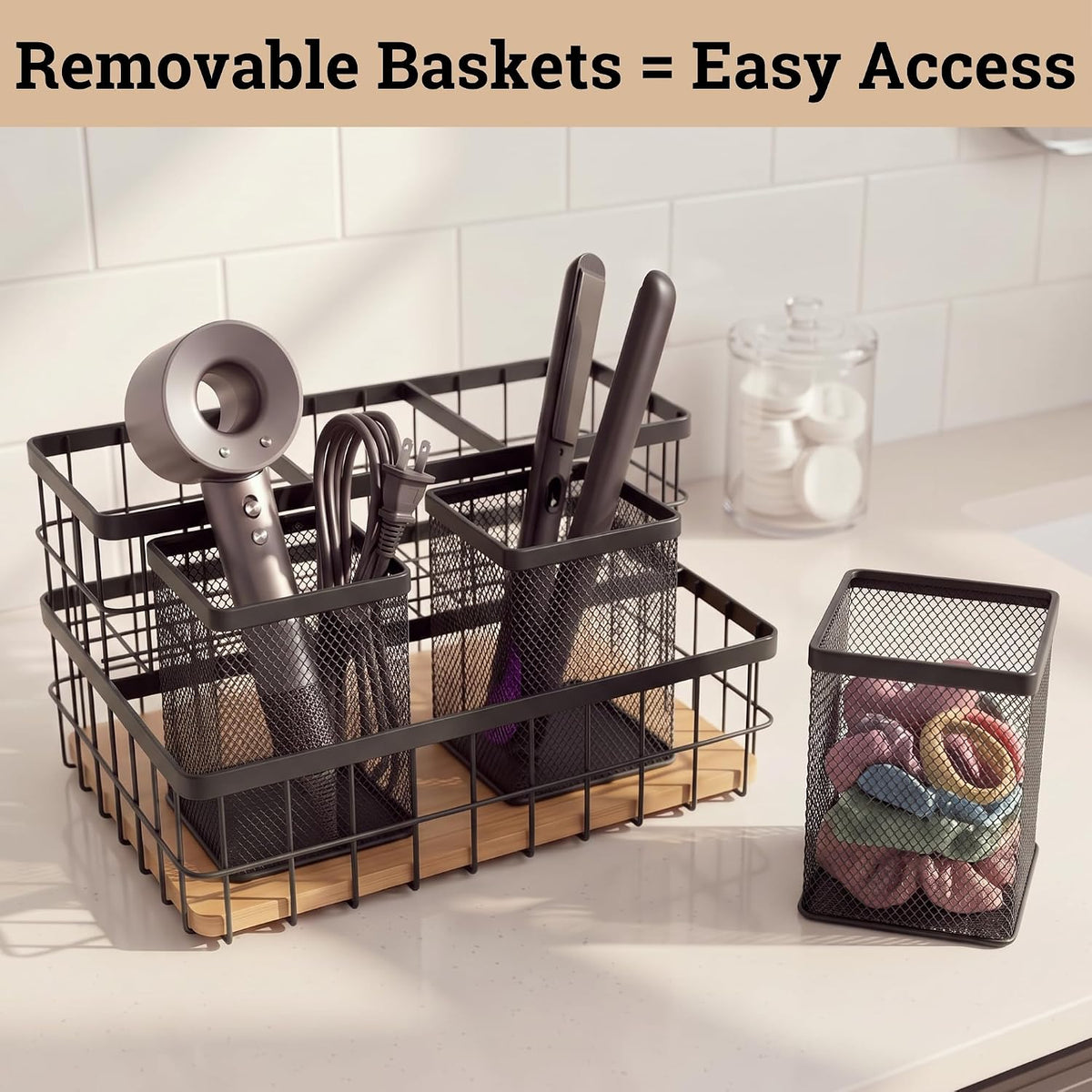 Hair Tool Organizer Countertop, Breathable Metal & Bamboo, Heat-Resistant