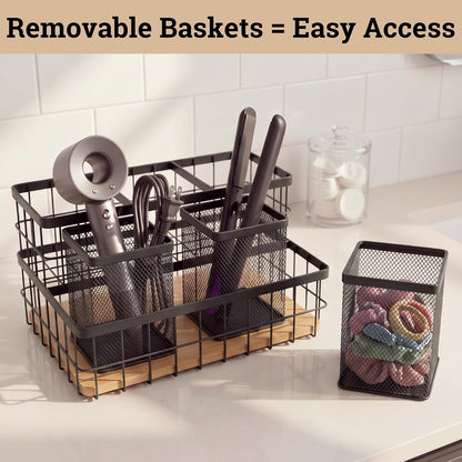 Hair Tool Organizer Countertop, Breathable Metal & Bamboo, Heat-Resistant