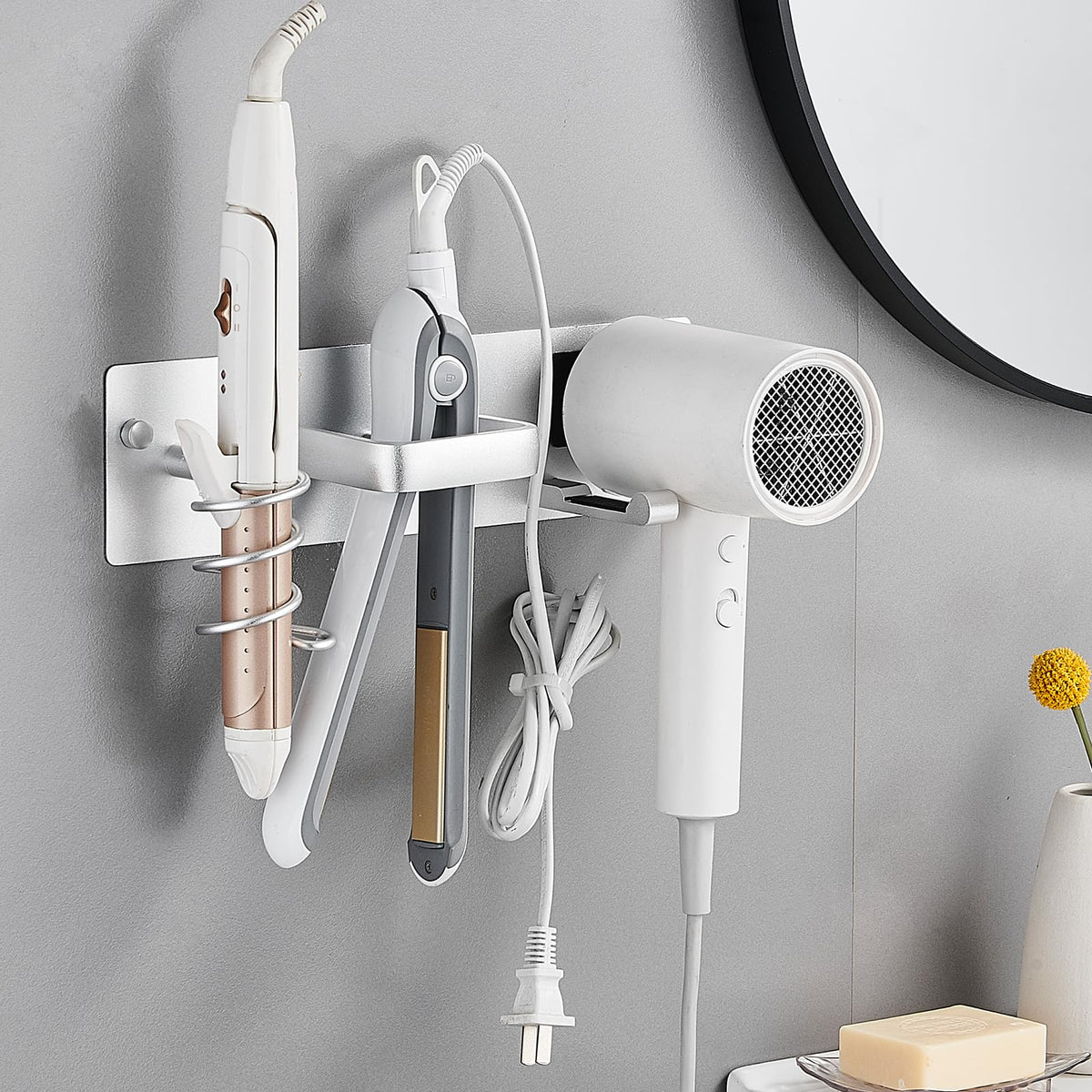 Hair Dryer Holder Wall Mounted,Blow Dryer, Curling Iron, Straightener Holder 3 in 1 Bathroom Metal Hair Tool Organizer Rack-Matte White-2