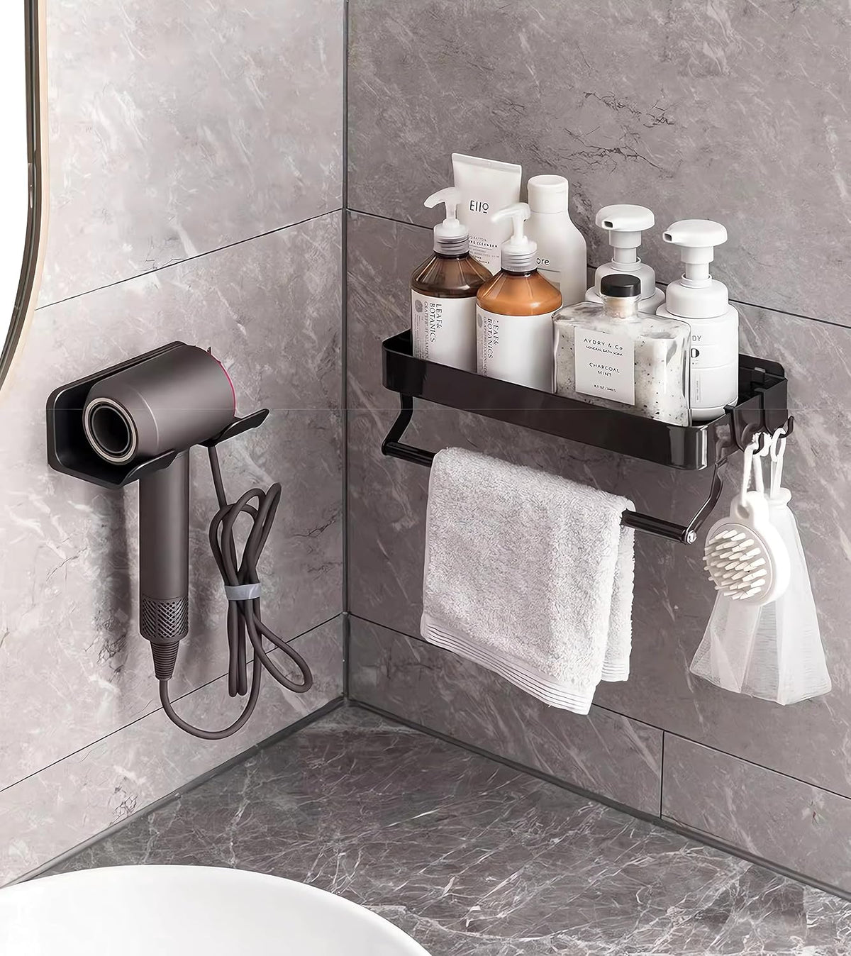 Universal Hair Dryer Holder, Blow Dryer Hanger Wall Mount for Hair Dryer Hook with Plug&Cord Organizer Self Adhesive for Cabinet Bathroom(1 Pack Black)