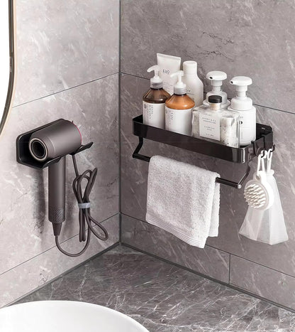 Universal Hair Dryer Holder, Blow Dryer Hanger Wall Mount for Hair Dryer Hook with Plug&Cord Organizer Self Adhesive for Cabinet Bathroom(1 Pack Black)