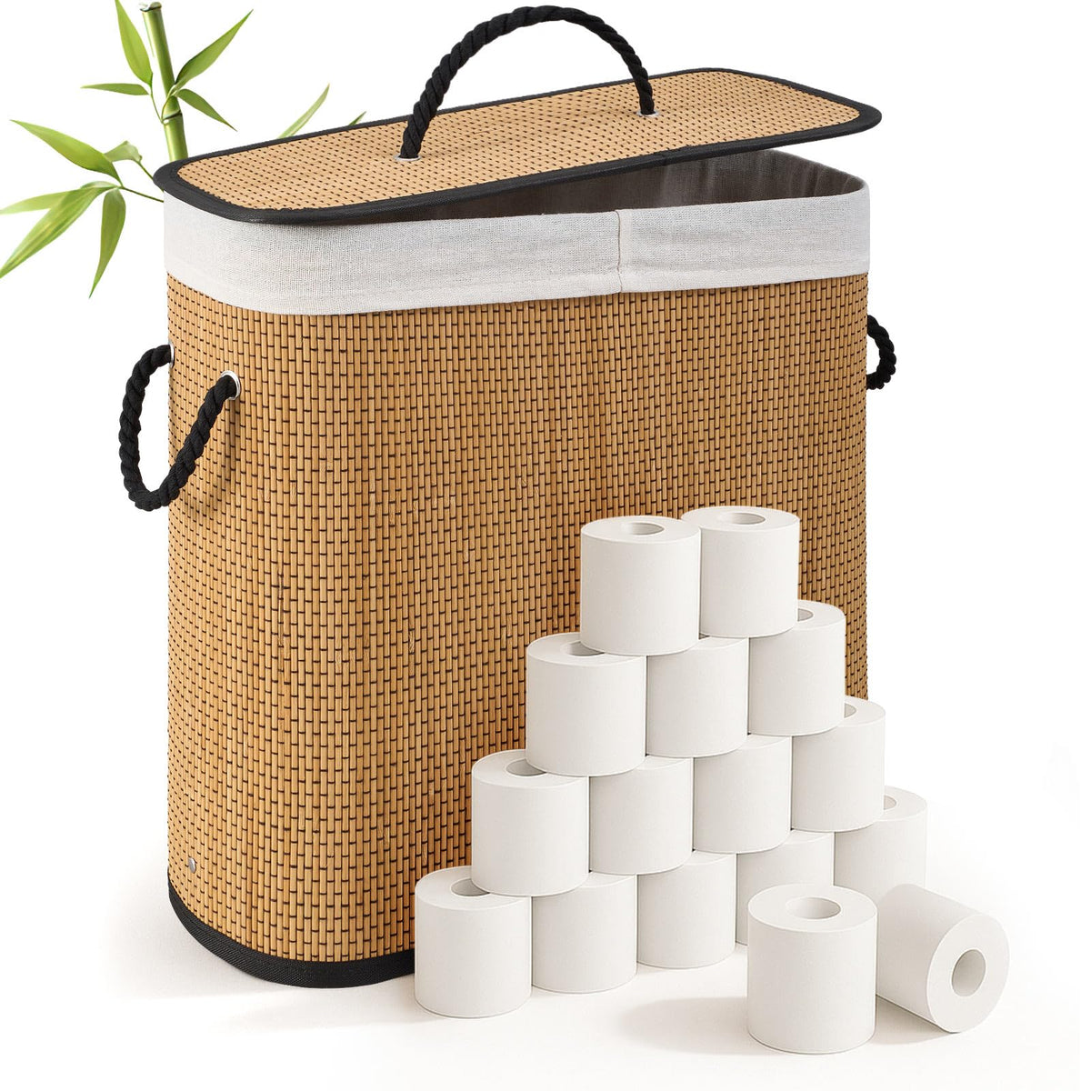 Leinuosen Bamboo Toilet Paper Storage Basket with Lid, Beige, Regular