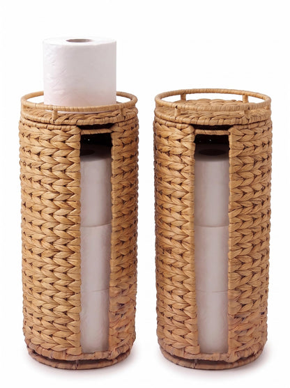 Extra Toilet Paper Storage with Lid and Liner Holds 3-4 MEGA Rolls, Water Hyacinth Ratten Toilet Paper Holder Free Stand Decorative Boho Covered Enclosed Tissue Organizer for Bathroom