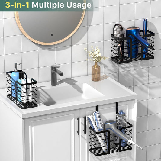 YIGII Hair Dryer Holder - Hair Tool Organizer 3-in-1 Blow Dryer Holder Adjustable Height, Bathroom Organizer Wall Mounted/Cabinet Door for Flat/Curling Irons, Hair Straighteners
