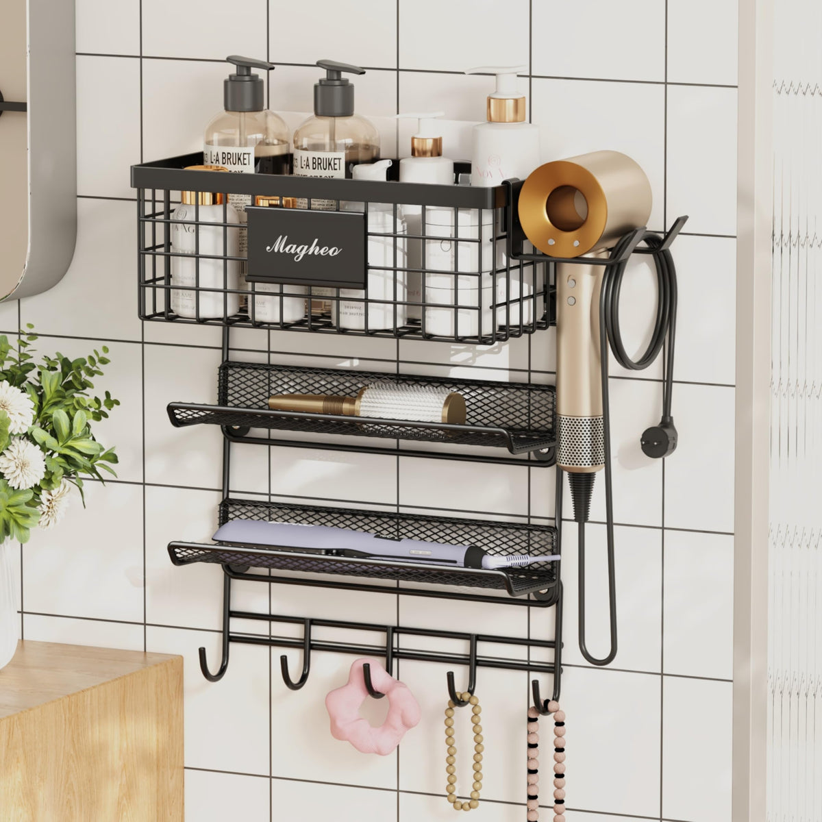 Magheo Hair Dryer Holder Wall Mounted, Adheisve Hair Tool Organizer for hair Brush/Appliance Wall Mount with 5 Tier Shelf Basket Hooks Blow Dryer and Straightener Holder for Bathroom(Black)