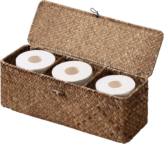 StorageWorks Wicker Basket with Lids, Large Toilet Paper Basket, Seagrass
