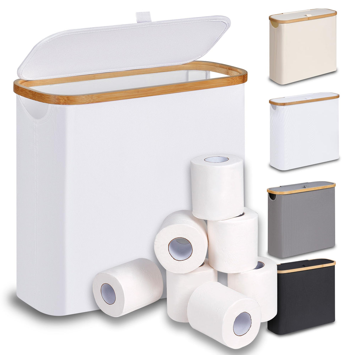 efluky Toilet Paper Basket 28L, Toilet Paper Holder with Lid for Bathroom, Free Standing Storage Organizer Holds Up to 9-12 Rolls (White, 1)