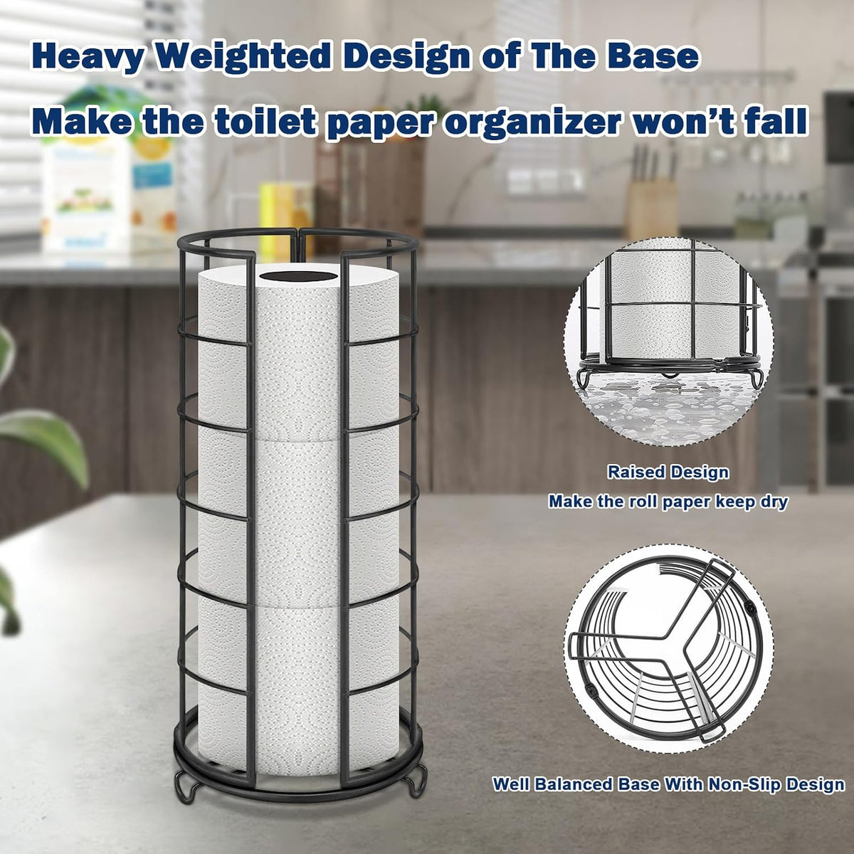 NearMoon Toilet Paper Organizer Stand, Free Standing 3 Rolls Tissue Storage, Metal Bathroom Accessory, Rustproof Toilet Roll Holder for Kitchen Countertop Inside Cabinet Shelf(Metal Base, Matte Black)