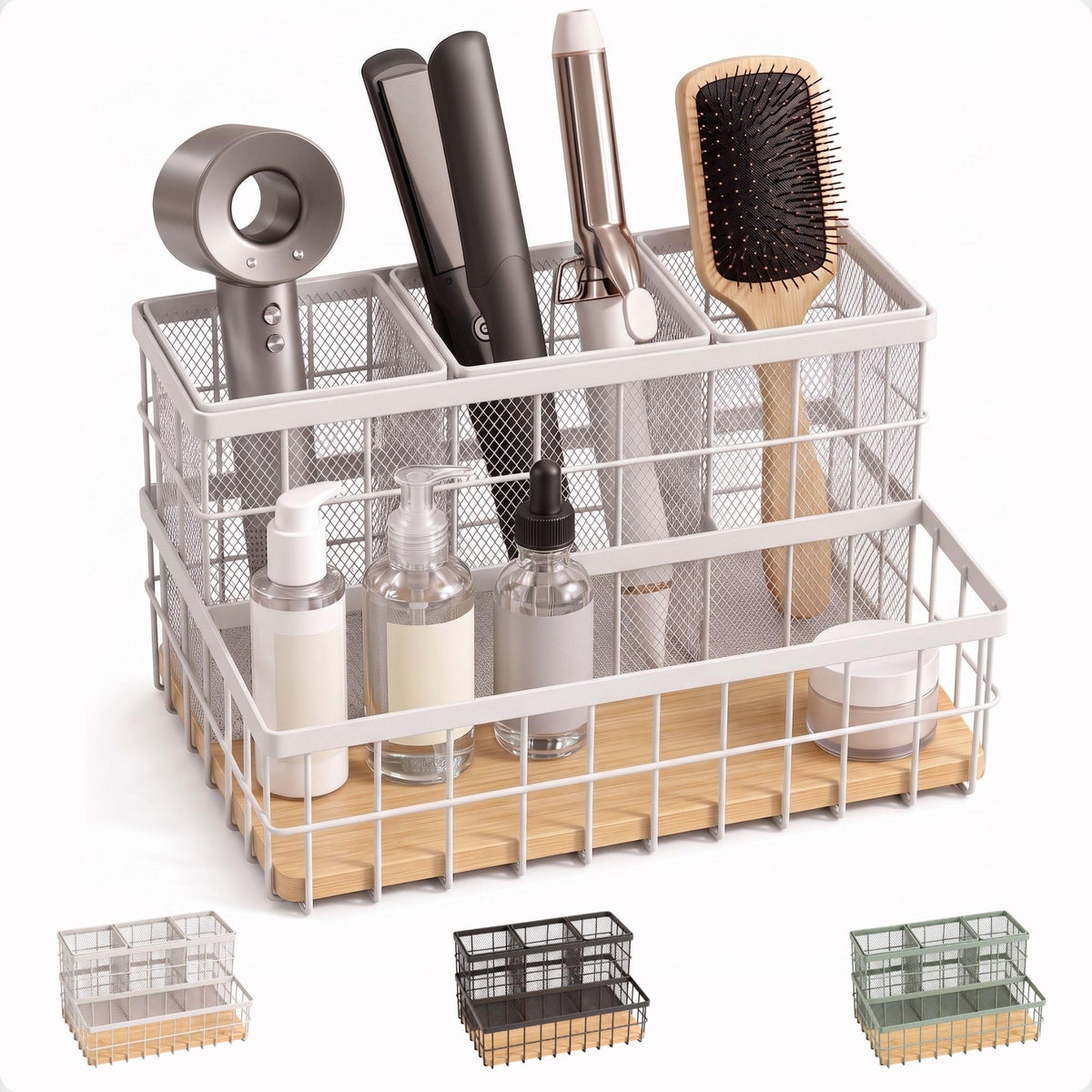 Hair Tool Organizer Countertop, Breathable Metal & Bamboo, Heat-Resistant