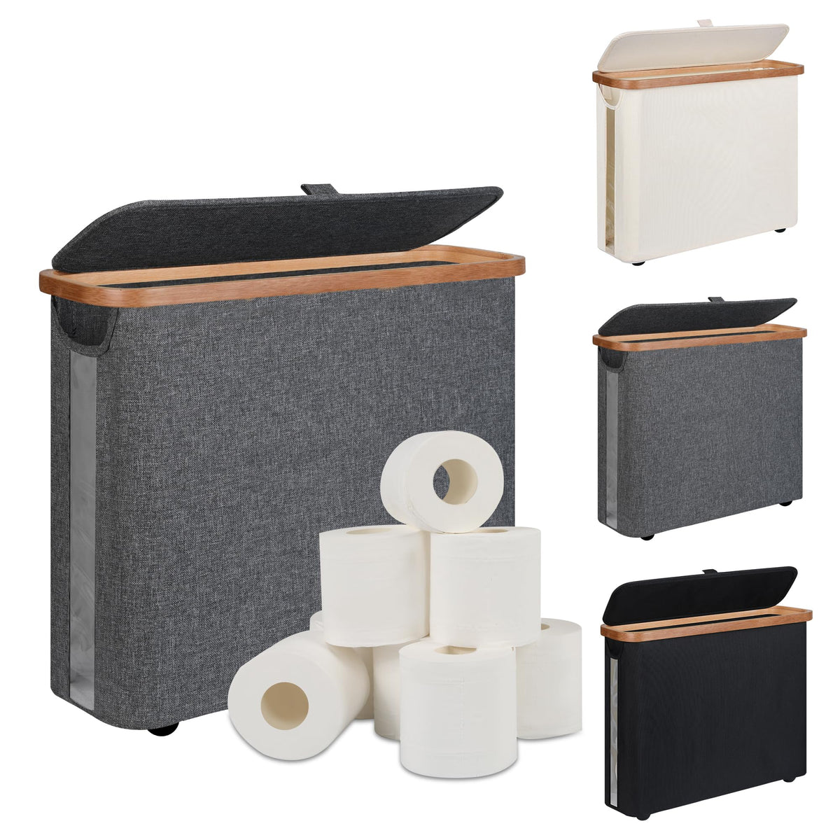 Toilet Paper Storage Basket with Lid - The Ultimate Bathroom Organizer, Free Standing Toilet Paper Holder for Up to 9 Mega Rolls, Toilet Tissue Storage Bin with Handle for RV Closet, Black
