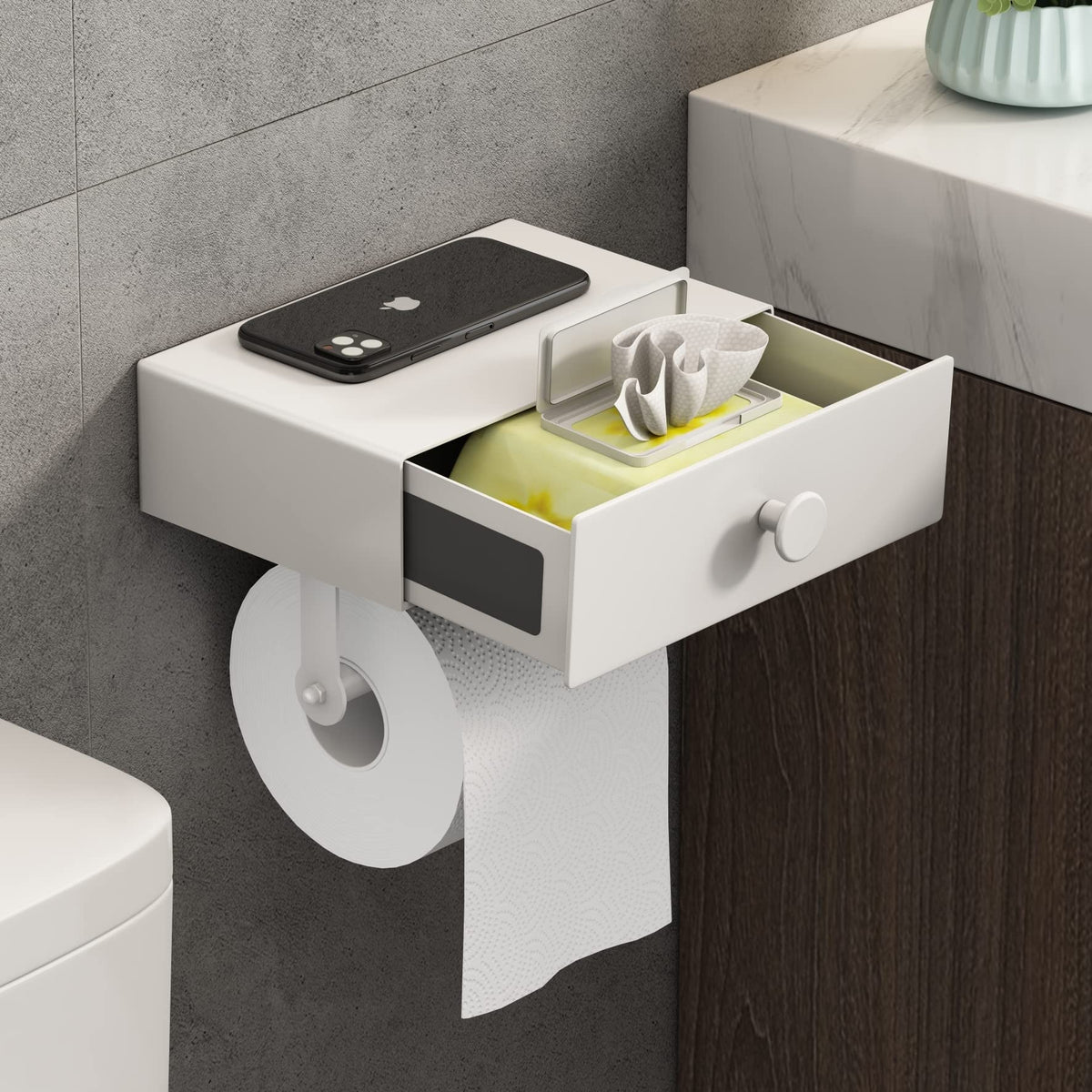 VOLDRA Toilet Paper Holder Stand with Shelf, Free Standing Black Toilet Paper Roll Holder with Wipes Storage Drawer Heavy Duty Floor Bathroom Tissue Holder Freestanding No Drill Tp Holder for 7 Rolls
