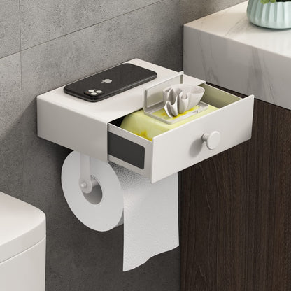 VOLDRA Toilet Paper Holder Stand with Shelf, Free Standing Black Toilet Paper Roll Holder with Wipes Storage Drawer Heavy Duty Floor Bathroom Tissue Holder Freestanding No Drill Tp Holder for 7 Rolls