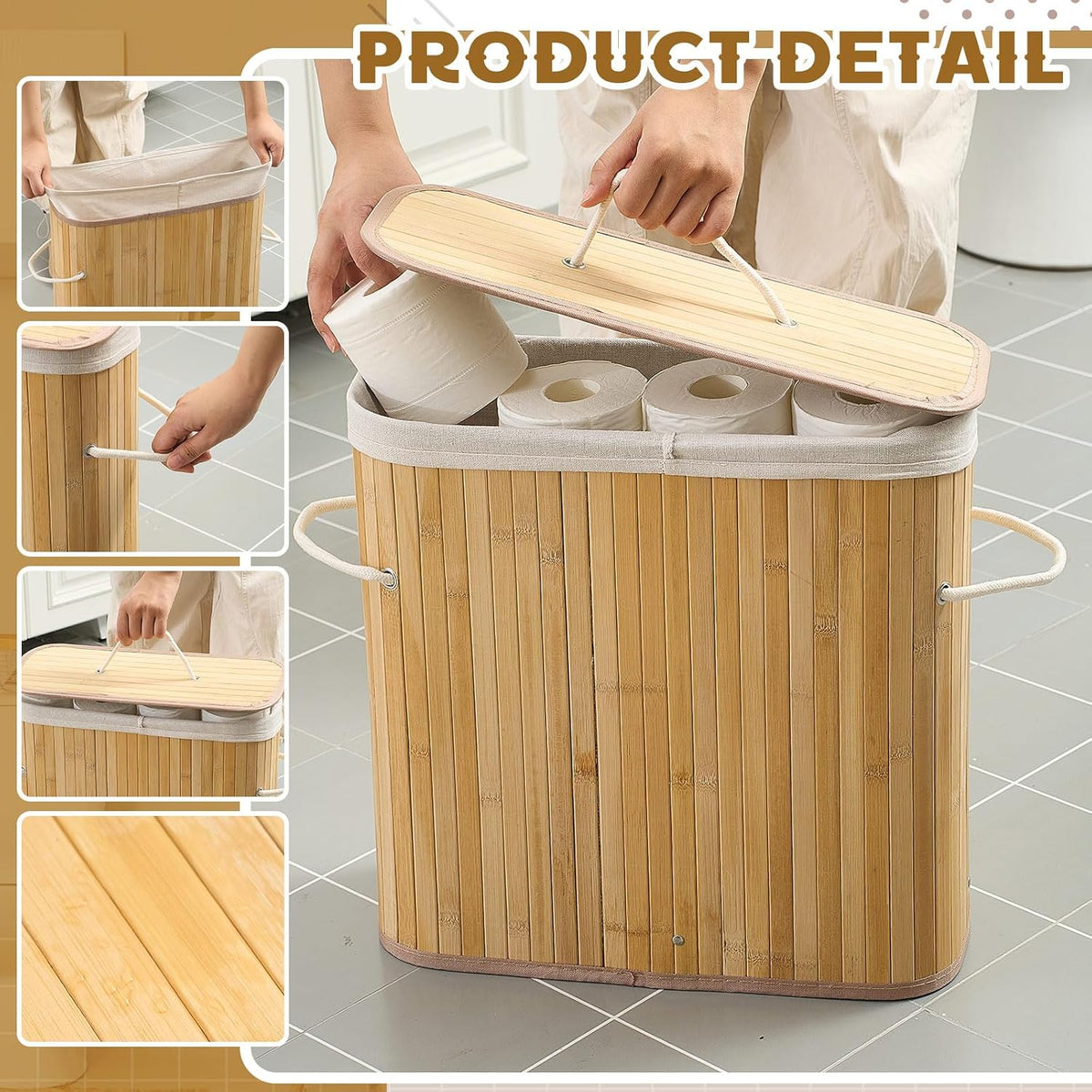 Leinuosen Bamboo Toilet Paper Storage Basket with Lid, Beige, Regular