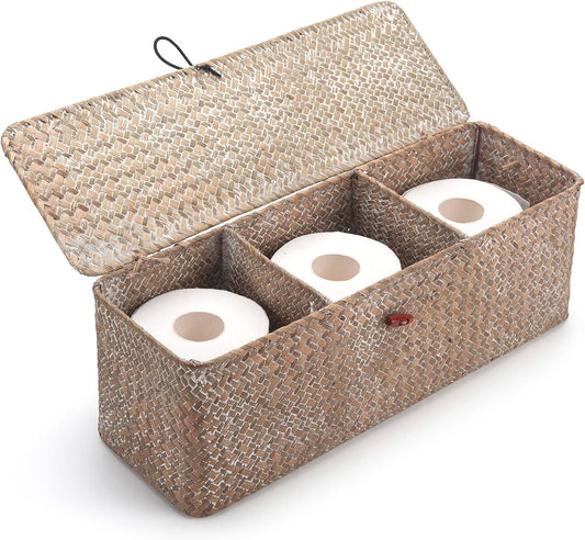 Whitewash Seagrass Tank Basket with Lid Woven Toilet Roll Storage Basket with Sections Rectangular for Organize Snack Toys (Large Compartment 16.5inch L x 5.5inch W x 5.5inch H)