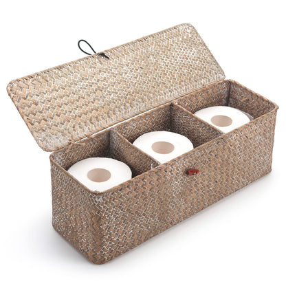 Seagrass Tank Basket with Lid Woven Toilet Roll Storage Basket with Sections Rectangular for Organize Snack Toys Tampon (Large Compartment 16.5inch L x 5.5inch W x 5.5inch H) Natural