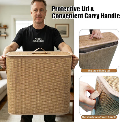 Bamboo Toilet Paper Storage Basket with Lid & Handle, 32L Large Capacity