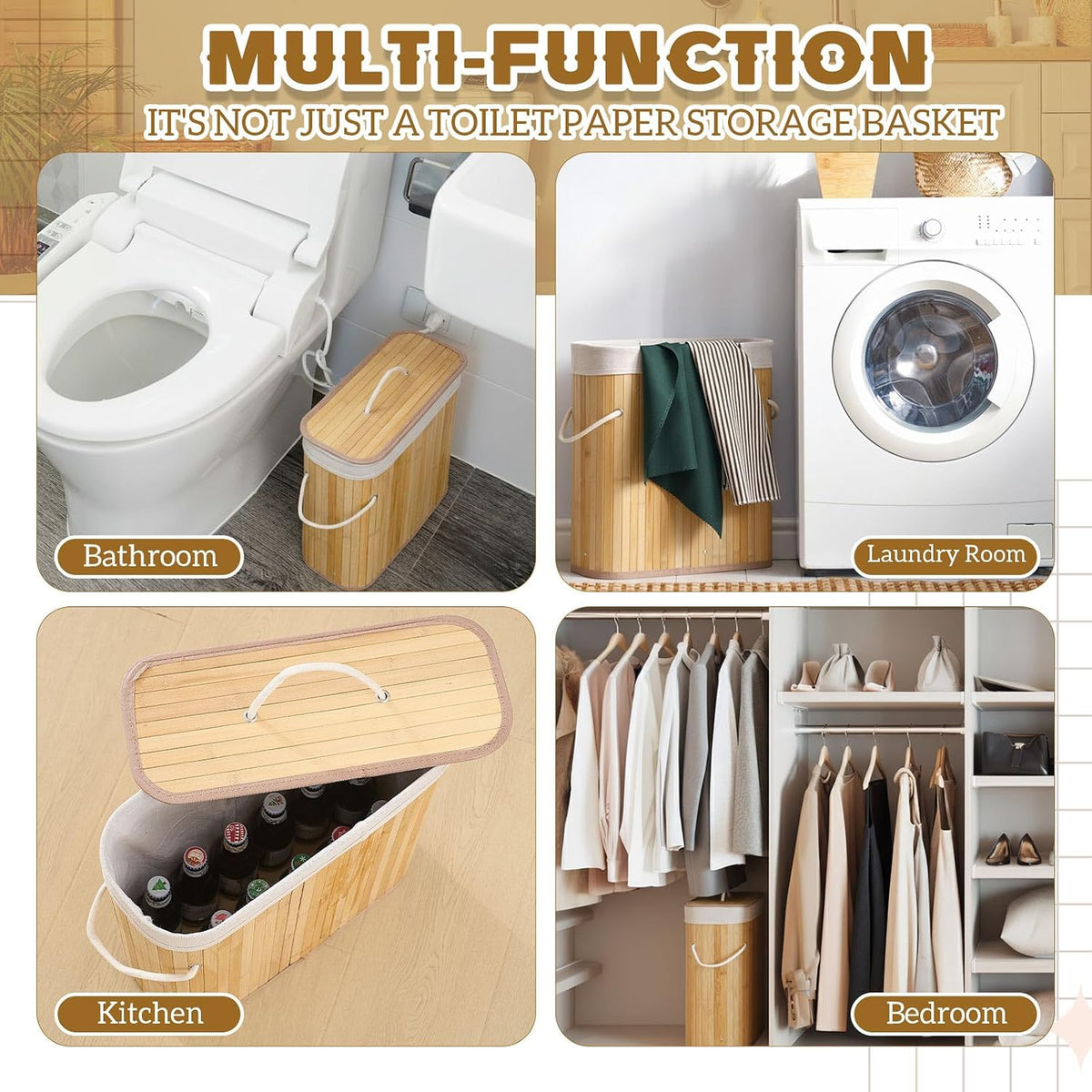 Leinuosen Bamboo Toilet Paper Storage Basket with Lid, Beige, Regular