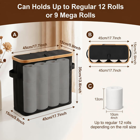 SENMOK 12-Roll Toilet Paper Storage with Lid, Bamboo Frame,Black