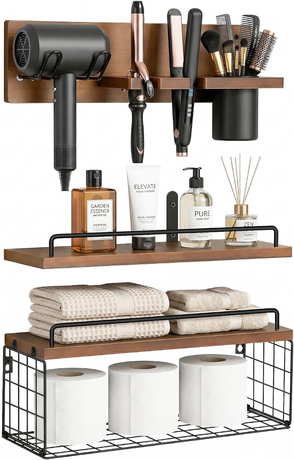 3-Tier Bathroom Floating Shelves with Hair Dryer Holder, Brown
