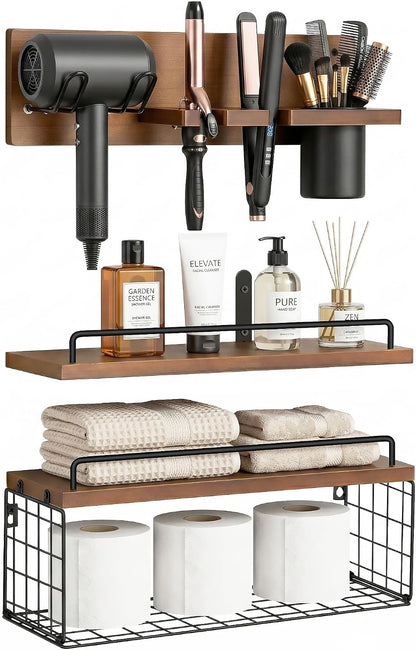 3-Tier Bathroom Floating Shelves with Hair Dryer Holder, Brown