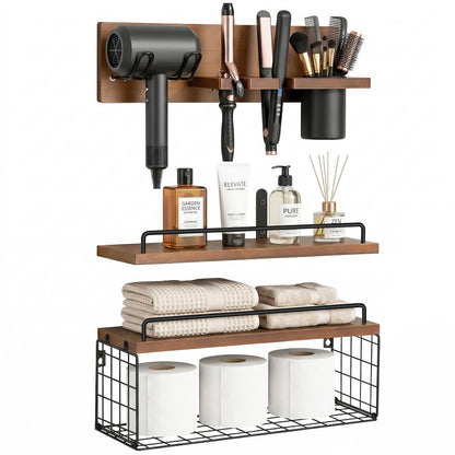 3-Tier Bathroom Floating Shelves with Hair Dryer Holder, Brown