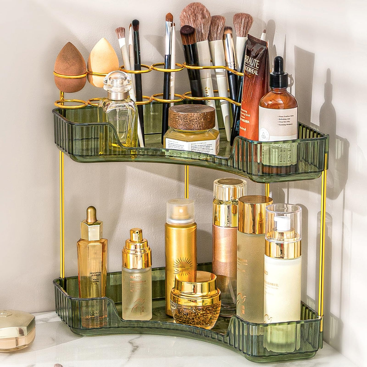 Makeup Organizer 2-Tier Bathroom Counter Organizer with Makeup Brush Holder
