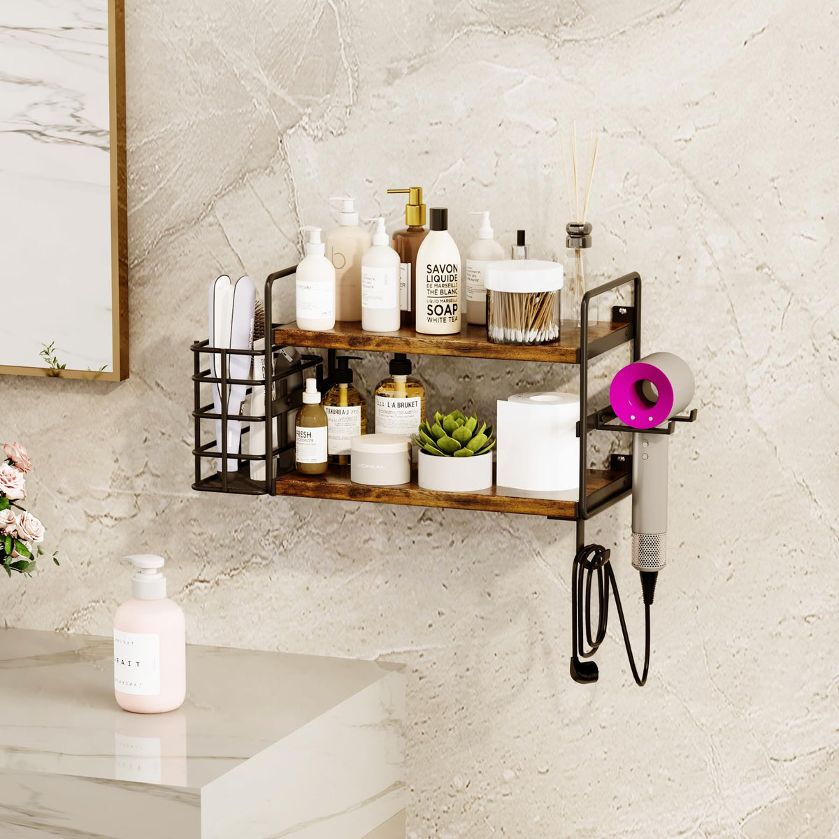 3-in-1 Wall Mounted Hair Dryer Holder with 2 Tier Shelves & Detachable Basket, Space Saving Organizer for Bathroom, Kitchen, Bedroom, Rust-Resistant, Easy Install (Rustic Brown)
