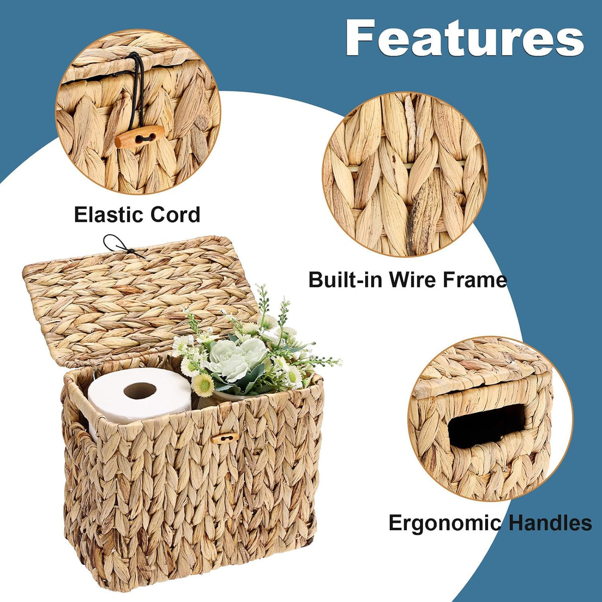 Sumnacon Toilet Paper Basket, Wicker Water Hyacinth Toilet Paper Holder with Handles and Lid, Holds Up to 4 Mega Rolls, Decorative Farmhouse Woven Bathroom Accessories Toilet Tissues Organizer, Small