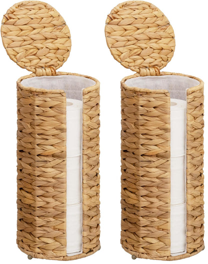 StorageWorks Seagrass Free Standing Toilet Paper Holder Stand for Bathroom, 3 Rolls of Toilet Tissue Storage with a Built-in Cloth Lining, Toilet Roll Holder Stand with Lid