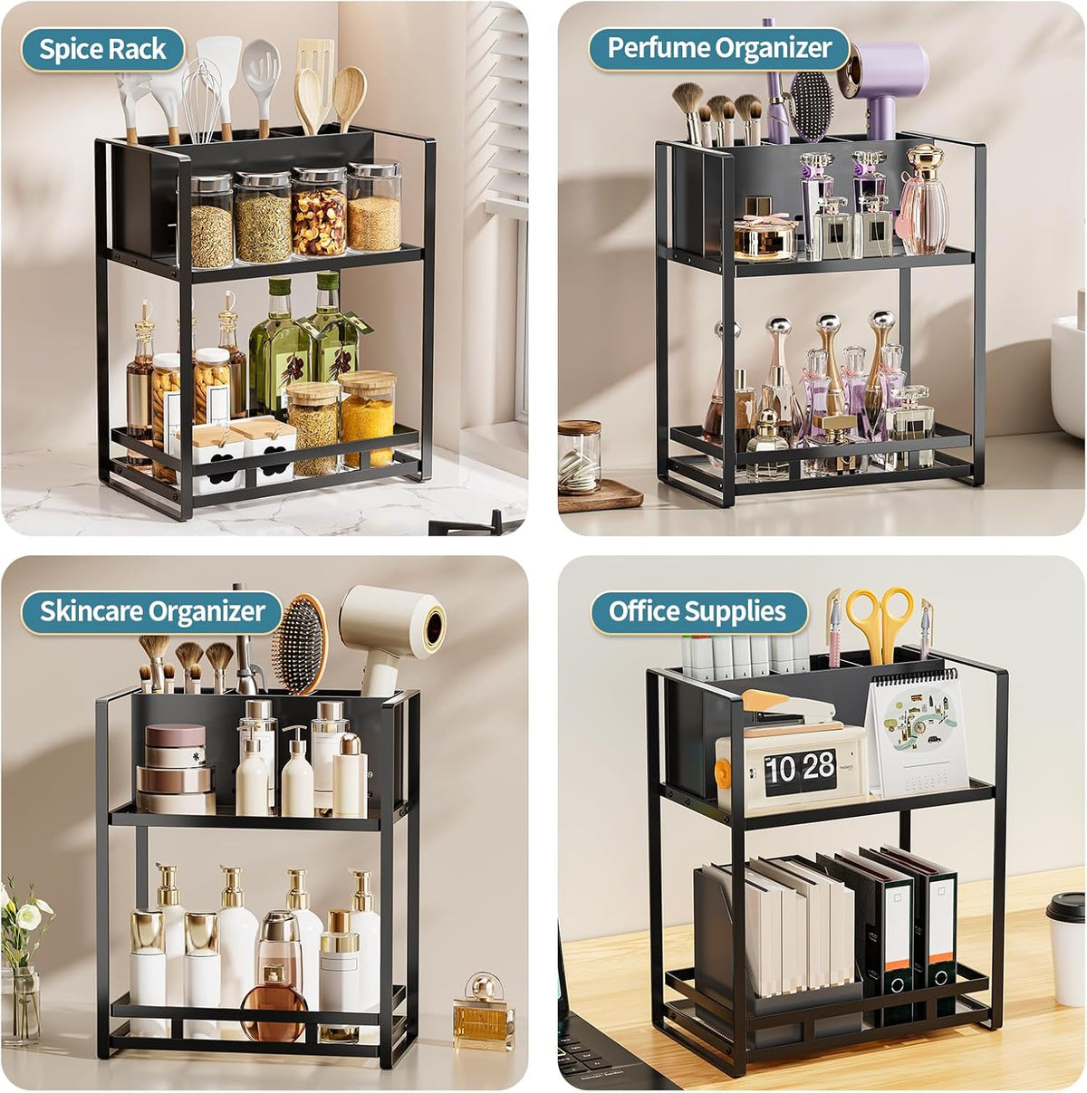 Bathroom Counter Organizer, Metal Vanity Shelf with Hair Dryer Holder