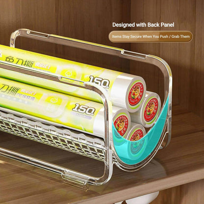 2 Pack Stackable Plastic Wrap, Tinfoil Storage Organizers, Cabinet Tiered Shelves, Hair Dryer Curling Iron Storage Racks, Multipurpose Storage Organizers