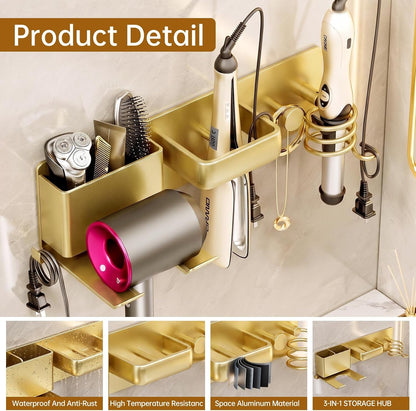 5 in 1 Hair Dryer Holder Hair Tool Organizer Metal Wall Mount (Gold)