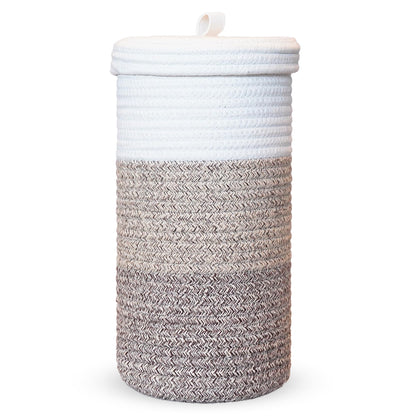 Handmade Cotton & Jute Toilet Paper Holder – Woven Toilet Paper Stand & Storage Basket with Lid, Freestanding Organizer for Bathroom, Fits 3 Mega Rolls 14" x 7''