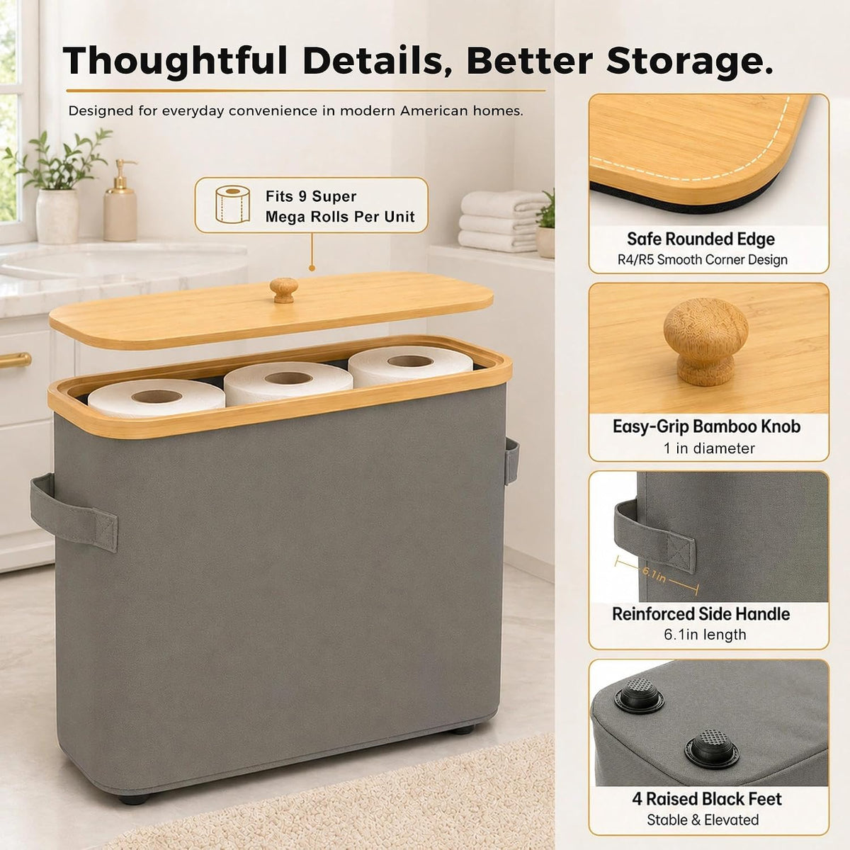 Premium Waterproof Toilet Paper Storage Box with Bamboo Lid - Fits 9 Mega Rolls, 900D Heavy-Duty Fabric Bathroom Organizer Bin with Elevated Base & Handles for Narrow Spaces (17.3"x 6.9"x 15.5")
