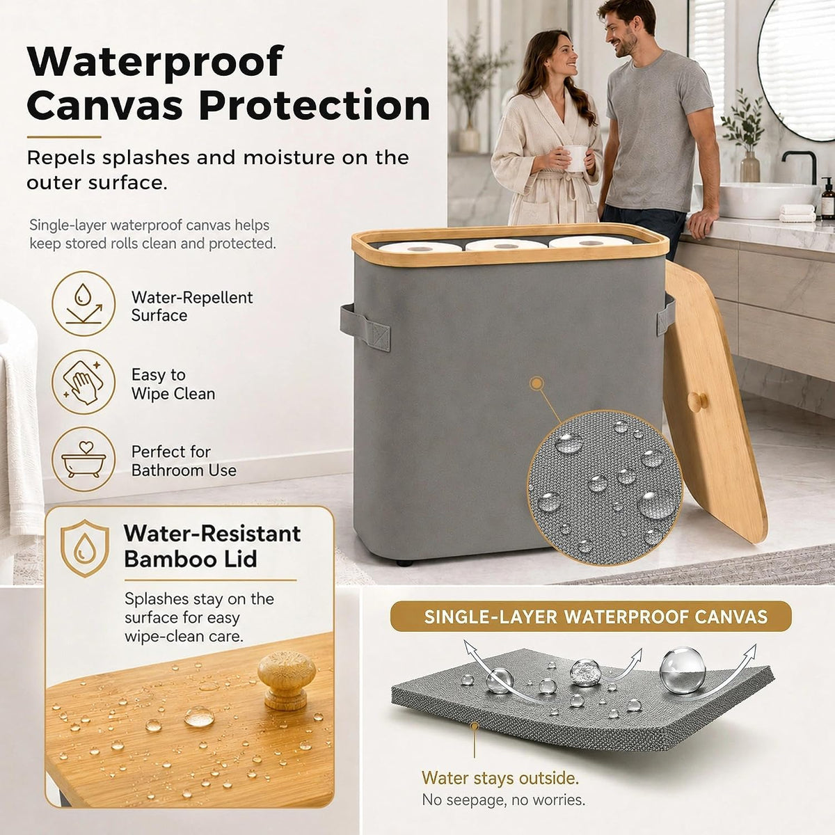 Premium Waterproof Toilet Paper Storage Box with Bamboo Lid - Fits 9 Mega Rolls, 900D Heavy-Duty Fabric Bathroom Organizer Bin with Elevated Base & Handles for Narrow Spaces (17.3"x 6.9"x 15.5")