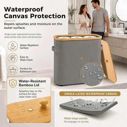 Premium Waterproof Toilet Paper Storage Box with Bamboo Lid - Fits 9 Mega Rolls, 900D Heavy-Duty Fabric Bathroom Organizer Bin with Elevated Base & Handles for Narrow Spaces (17.3"x 6.9"x 15.5")