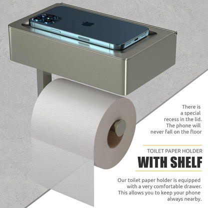 Brushed Nickel Toilet Paper Holder Wall Mounted with Shelf & Wipes Storage – Stainless Steel SUS304 Modern Toilet Tissue Roll Holder for Bathroom, Kitchen – Adhesive and Screw Installation