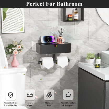 Tindbea Toilet Paper Holder with Storage Double Roll Toilet Paper Holder with Shelf, Tampon Holder for Bathroom Stainless Steel Wall Mounted Wipes Holder Dispenser, Black