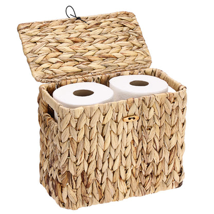 Sumnacon Toilet Paper Basket, Wicker Water Hyacinth Toilet Paper Holder with Handles and Lid, Holds Up to 4 Mega Rolls, Decorative Farmhouse Woven Bathroom Accessories Toilet Tissues Organizer, Small