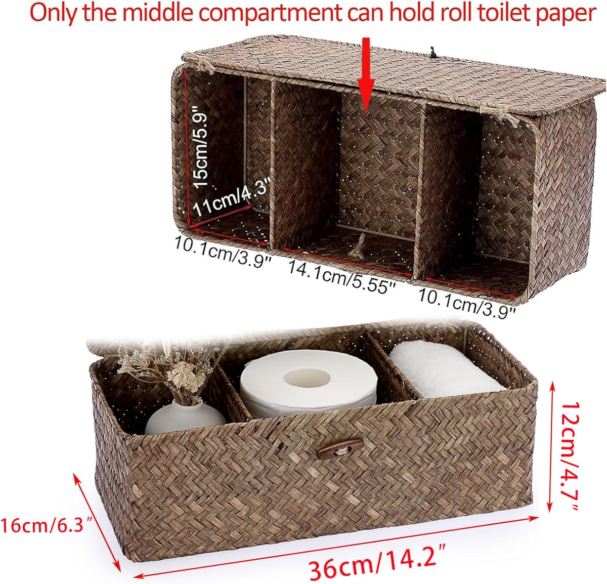 Hipiwe 3 Sections Toilet Tank Paper Basket with Lid Wicker Bathroom Basket